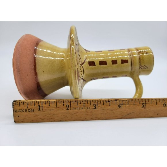 Pennsylvania Yellow Ware Glazed Chimney Candlestick W/Handle Incised Design - Picture 11 of 14